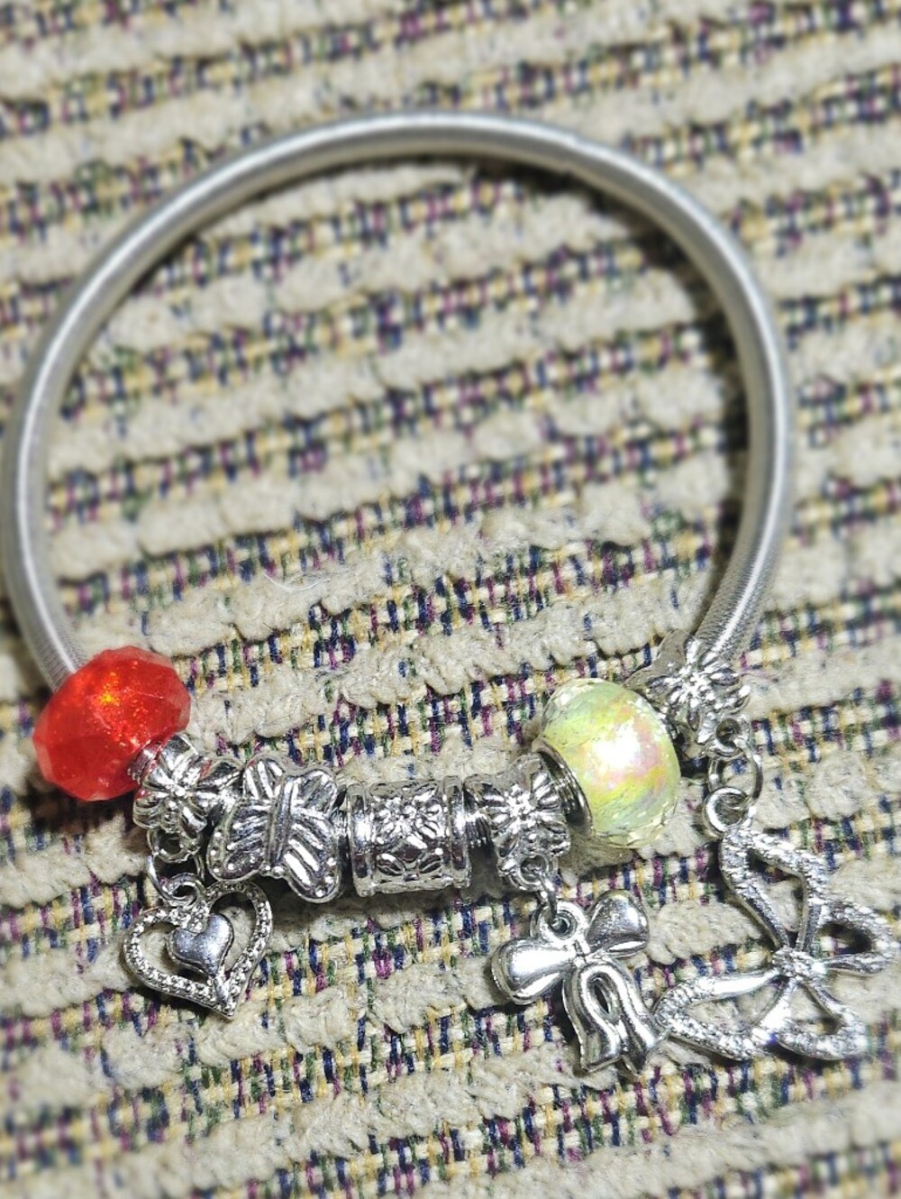 Silver Charm Bangle Bracelet with Red and Opal Beads